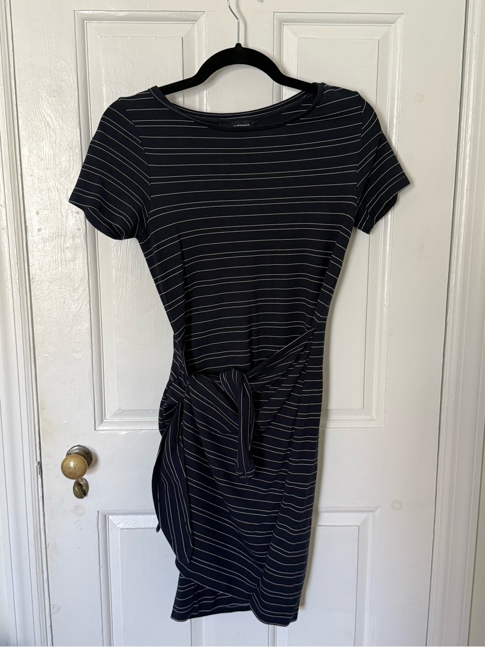 Club Monaco Navy and White Striped Tie-Waist Mini Dress